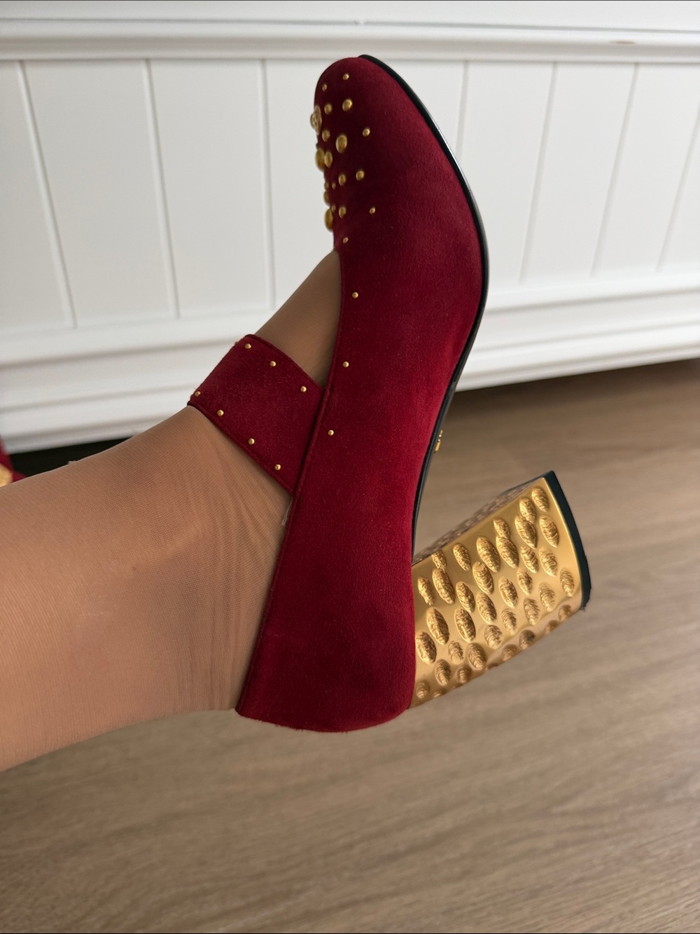 Prada Red Suede Mary Jane Heels with Gold Studs and Sculpted Heel - Picture 11 of 13